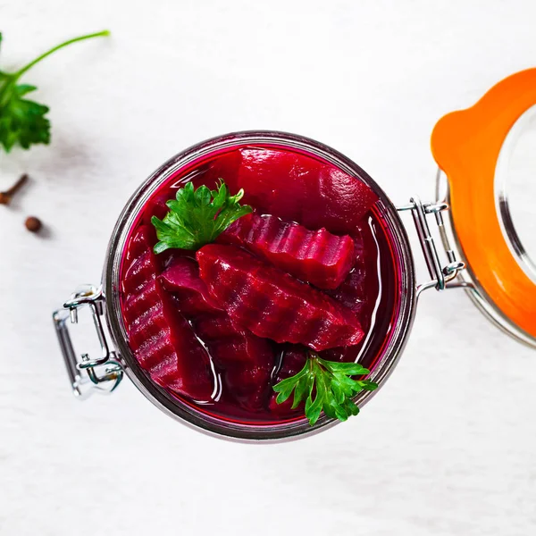 Pickled Marinated Beets Jar Selective Focus — Stock Photo, Image