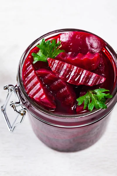 Pickled Marinated Beets Jar Selective Focus — Stock Photo, Image