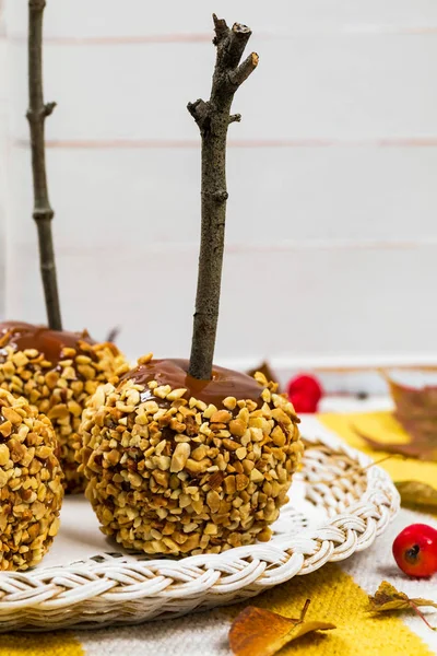 Caramel Apples Wooden Background Selective Focus — Stock Photo, Image