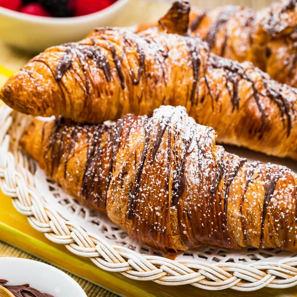 Chocolate Croissants Ripe Berries Old Wooden Background Selective Focus — Stock Photo, Image