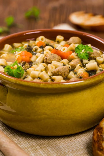 Soupe Mariage Italienne Traditionnelle Fabriqué Avec Des Boulettes Viande Des — Photo