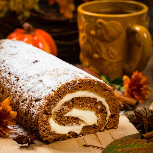 Pumpkin Cake with Cream Cheese Filling. Autumn Baking. Selective focus.