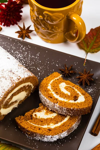 Pumpkin Cake Cream Cheese Filling Autumn Baking Selective Focus — Stock Photo, Image