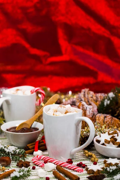 Natal Ano Novo Fundo Com Cacau Quente Com Marshmallows Foco — Fotografia de Stock