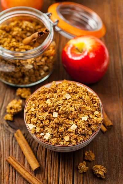 Granola Alla Cannella Mele Focus Selettivo — Foto Stock