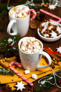 Noel ve yeni yıl arka plan ile sıcak kakao Marshmallows ile. Seçici odak.