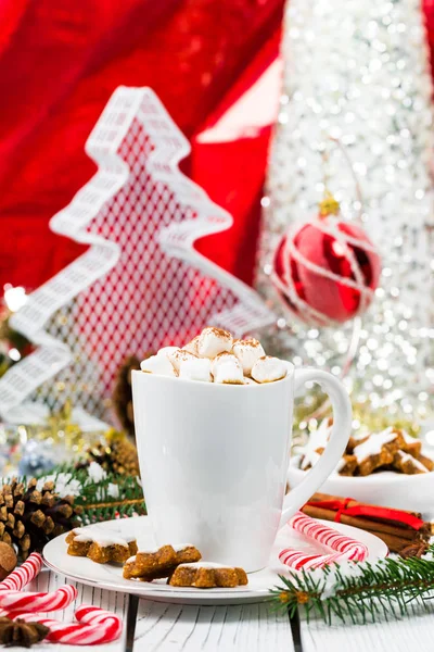 Kerstmis Nieuwjaar Kaart Achtergrond Met Warme Chocolademelk Met Marshmallows Selectieve — Stockfoto