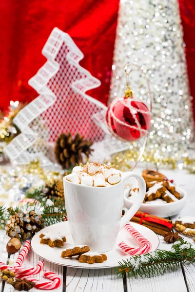 Weihnachts Und Neujahrskarte Hintergrund Mit Heißem Kakao Mit Marshmallows Selektiver — Stockfoto