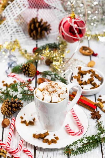 Vánoční Novoroční Kartu Pozadí Horké Kakao Marshmallows Selektivní Fokus — Stock fotografie