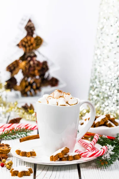 Fundo Cartão Natal Ano Novo Com Cacau Quente Com Marshmallows — Fotografia de Stock
