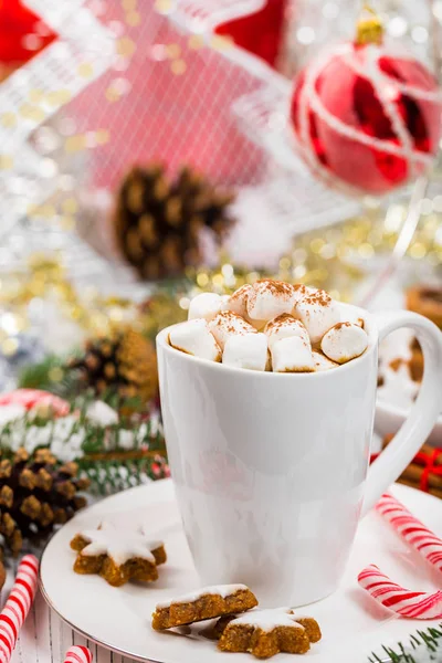 Vánoční Novoroční Kartu Pozadí Horké Kakao Marshmallows Selektivní Fokus — Stock fotografie