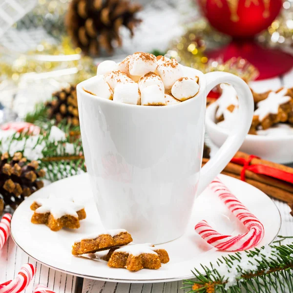 Noël Nouvel Carte Fond Avec Cacao Chaud Avec Guimauves Concentration — Photo