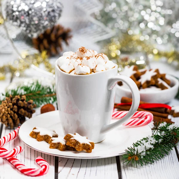 Fundo Cartão Natal Ano Novo Com Cacau Quente Com Marshmallows — Fotografia de Stock