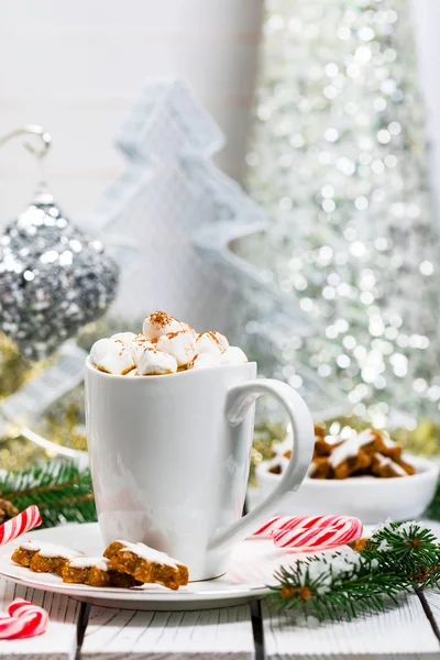 Weihnachts Und Neujahrskarte Hintergrund Mit Heißem Kakao Mit Marshmallows Selektiver — Stockfoto