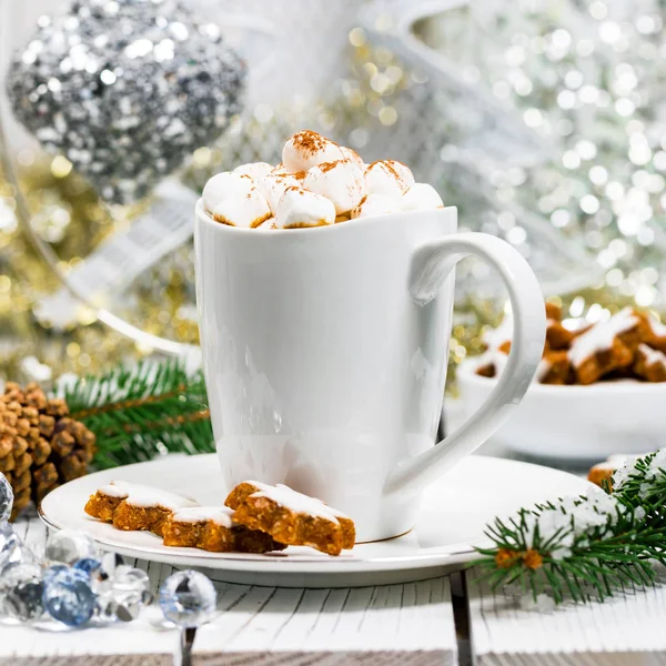Noel Yeni Yıl Kartı Arka Plan Ile Sıcak Kakao Marshmallows — Stok fotoğraf