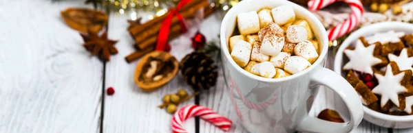 Weihnachten Und Neujahr Hintergrund Mit Heißem Kakao Mit Marshmallows Selektiver — Stockfoto