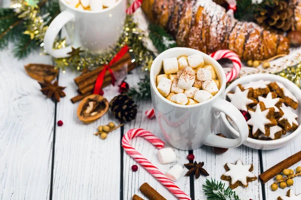 Weihnachten Und Neujahr Hintergrund Mit Heißem Kakao Mit Marshmallows Selektiver — Stockfoto