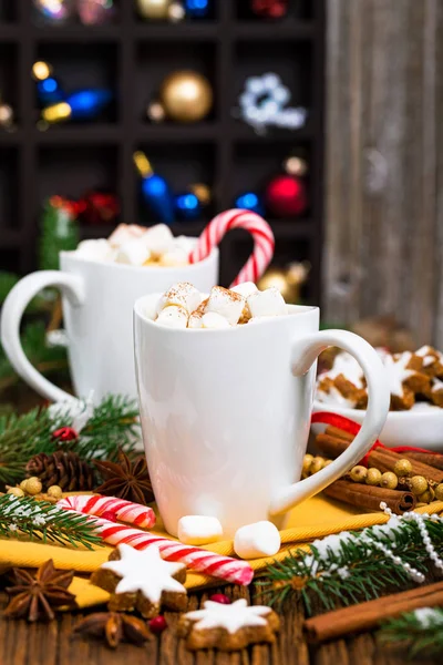 Weihnachten Und Neujahr Hintergrund Mit Heißem Kakao Mit Marshmallows Selektiver — Stockfoto