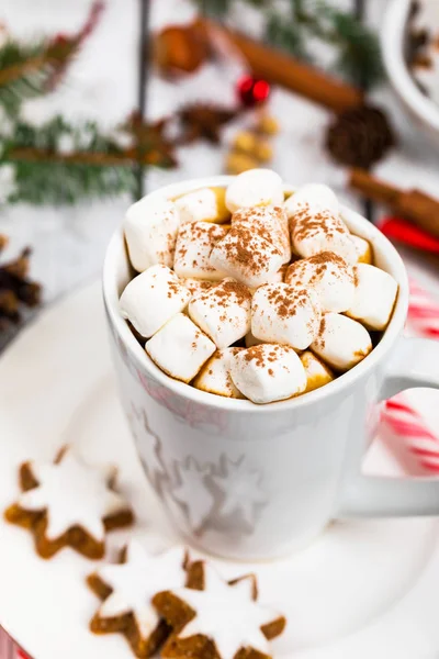 Weihnachten Und Neujahr Hintergrund Mit Heißem Kakao Mit Marshmallows Selektiver — Stockfoto