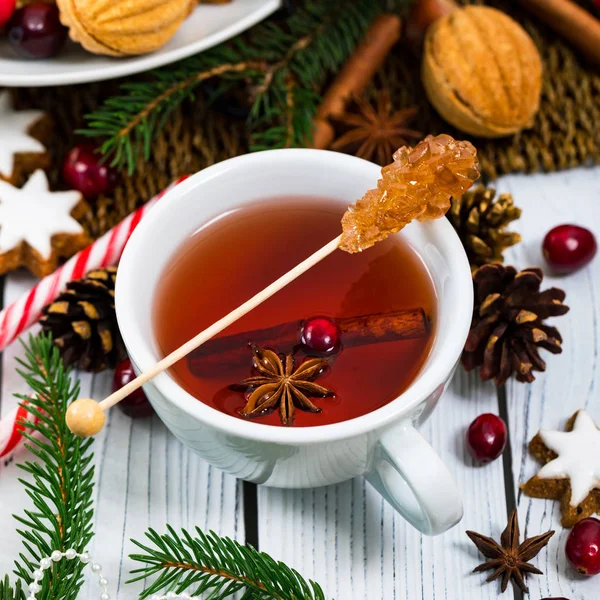 Christmas Holiday Tea Time Cup Winter Hot Spicy Tea Cinnamon — Stock Photo, Image