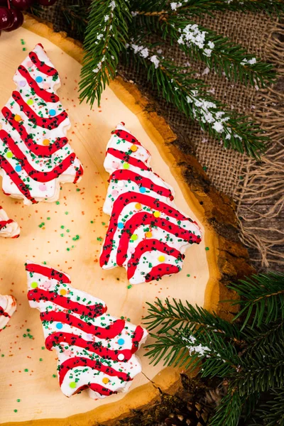 Pasteles Árbol Navidad Sobre Fondo Madera Fondo Navidad Enfoque Selectivo — Foto de Stock