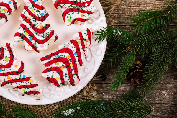 Pasteles Árbol Navidad Sobre Fondo Madera Fondo Navidad Enfoque Selectivo — Foto de Stock