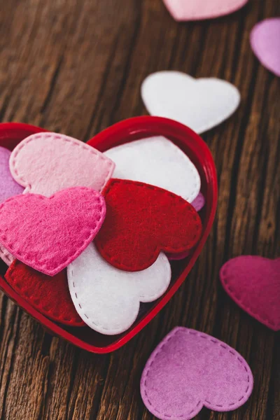 Valentines Day Background Card Fabric Hearts Wooden Background Selective Focus — Stock Photo, Image