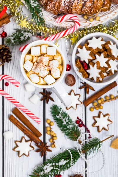 Noel ve yeni yıl arka plan ile sıcak kakao Marshmallows ile. Seçici odak.