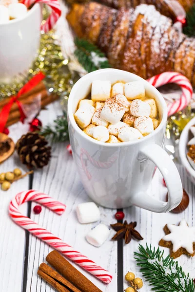 Fondo Navidad Año Nuevo Con Cacao Caliente Con Malvaviscos Enfoque — Foto de Stock