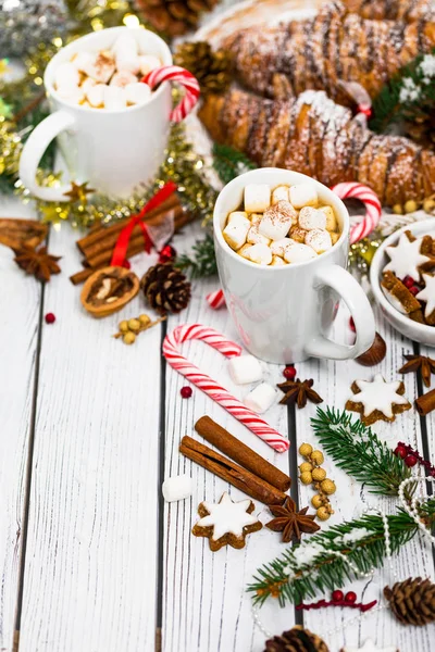 Fondo Navidad Año Nuevo Con Cacao Caliente Con Malvaviscos Enfoque —  Fotos de Stock