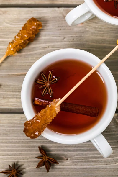 Xícara Outono Inverno Quente Chá Picante Com Canela Anis Mel — Fotografia de Stock