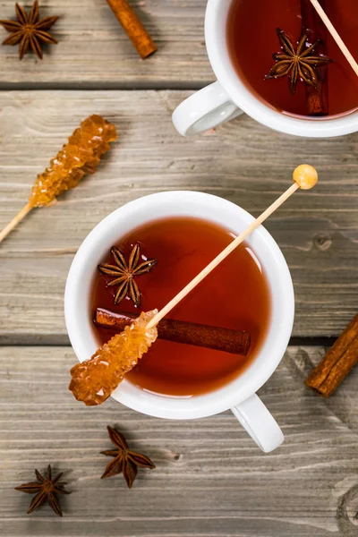 Cup Autumn Winter Hot Spicy Tea Cinnamon Anise Honey Wooden — Stock Photo, Image