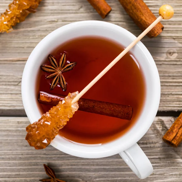 Cup Autumn Winter Hot Spicy Tea Cinnamon Anise Honey Wooden — Stock Photo, Image