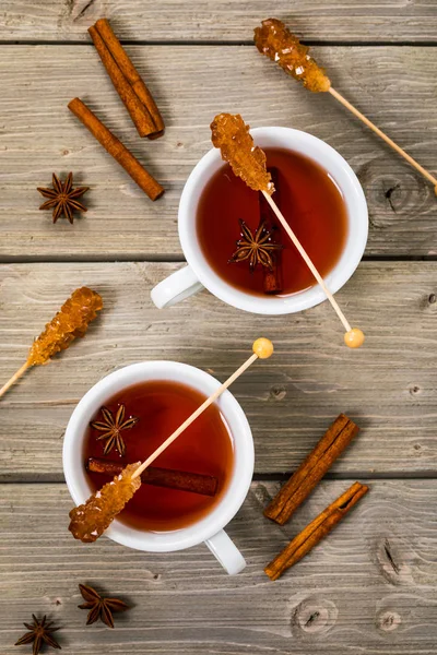 Cup Autumn Winter Hot Spicy Tea Cinnamon Anise Honey Wooden — Stock Photo, Image