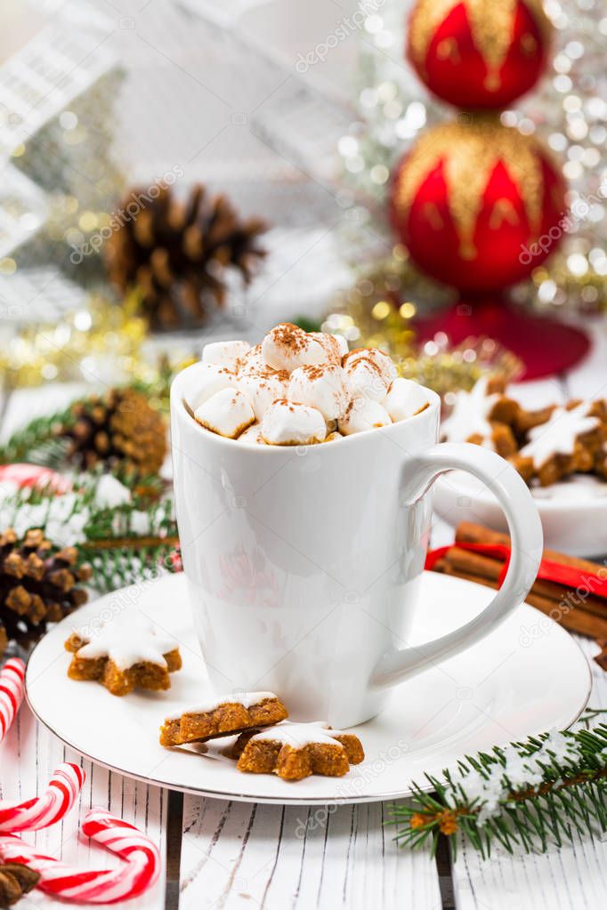 Christmas and New Year Background with Hot Cocoa with Marshmallows. Selective focus.