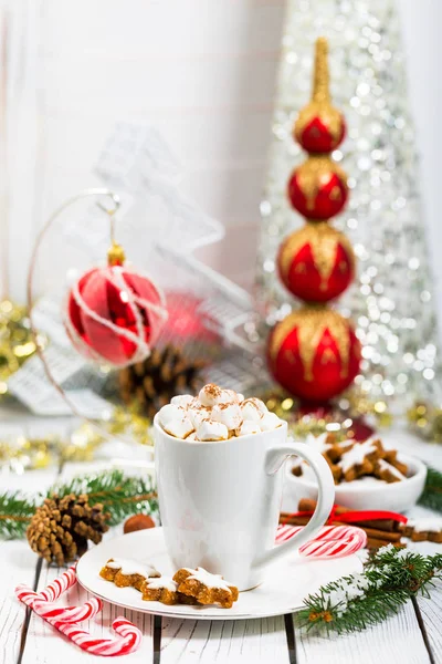 Kerstmis Nieuwjaar Kaart Achtergrond Met Warme Chocolademelk Met Marshmallows Selectieve — Stockfoto