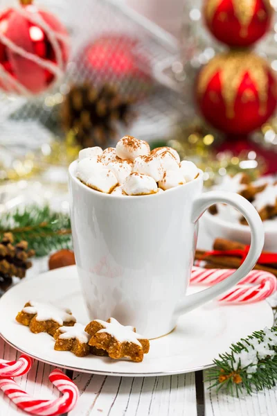 Kerstmis Nieuwjaar Kaart Achtergrond Met Warme Chocolademelk Met Marshmallows Selectieve — Stockfoto