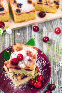 Yaz pudra şekeri ile Tart kiraz kek. Seçici odak.