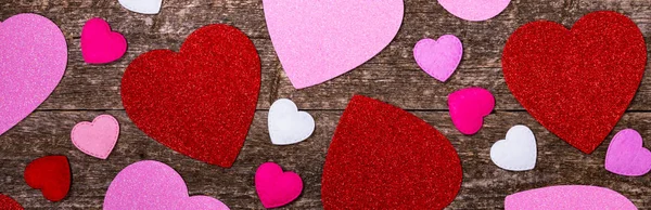 Valentines Day Background Valentines Day Fabric Hearts Shaped Wooden Background — Stock Photo, Image