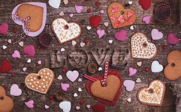Love Valentines Day Background Valentines Day Heart Shaped Cookies Wooden — Stock Photo, Image