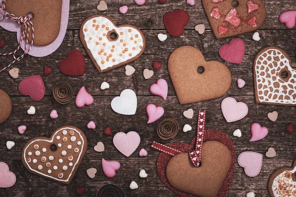Valentines Day Background Valentines Day Heart Shaped Cookies Wooden Background — Stock Photo, Image