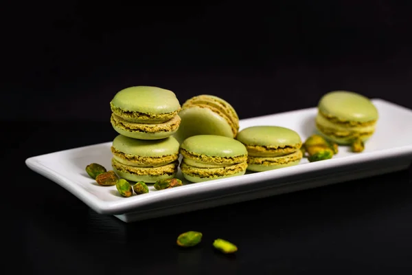 Green Pistachio Macaron Cookies Black Background Selective Focus — Stock Photo, Image