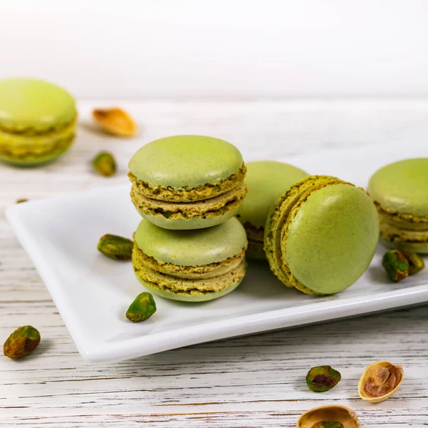 Green Pistachio Macaron Cookies Background Selective Focus — Stock Photo, Image