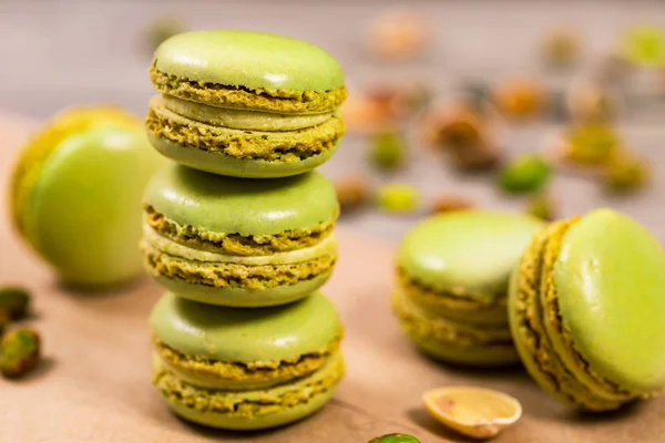 Green Pistachio Macaron Cookies Background Selective Focus — Stock Photo, Image