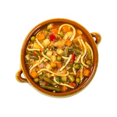 Vejetaryen sebze çorbası beyaz bir arka planda Izole. Seçici odak.