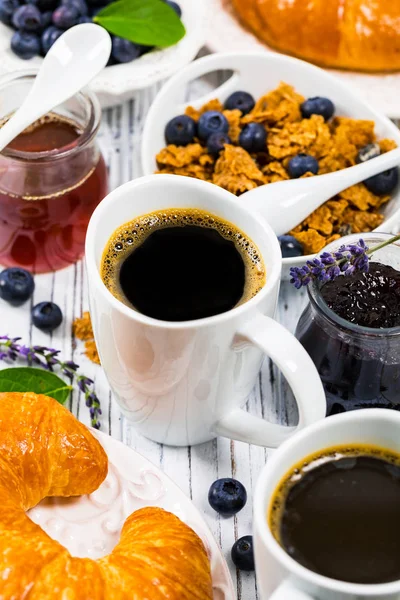 Coffee Continental Breakfast Croissants Cereals Fruits Selective Focus — Stock Photo, Image