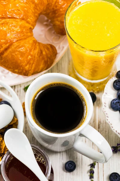 Coffee Continental Breakfast Croissants Cereals Fruits Selective Focus — Stock Photo, Image