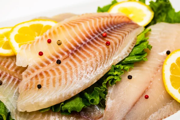 Filete Crudo Pescado Blanco Tilapia Enfoque Selectivo —  Fotos de Stock