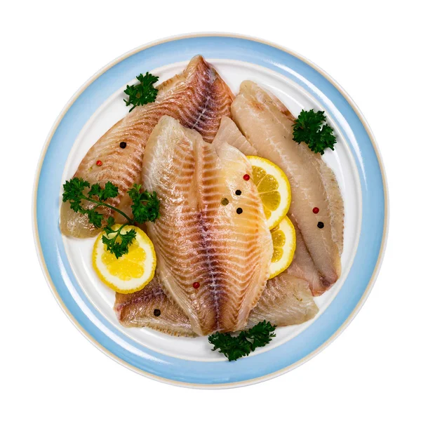 Whitefish Tilapia Fish Raw Fillet Isolado Branco Foco Seletivo — Fotografia de Stock