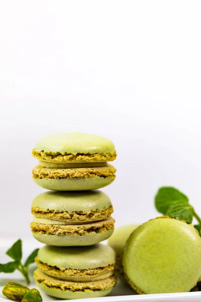 Green Pistachio Macaron Cookies Background Selective Focus — Stock Photo, Image